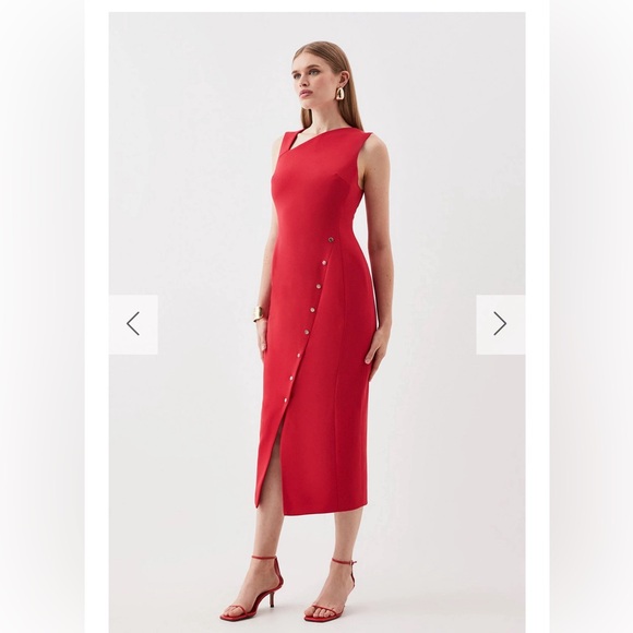 Karen Millen — Tailored Compact Stretch Asymmetric Button Midi Pencil Dress - Picture 3 of 6